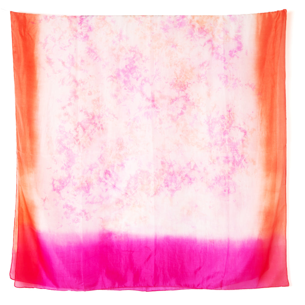 Women's Pure Silk Scarf Rectangle in a Pastel Pink Tie Dye Pattern Print, Up Close View in Detail