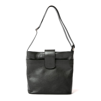 Pimlico Handbag in black, shown from the front and including the adjustable leather strap, the fold over presstud fastening and the outside pocket. Made from Italian leather.