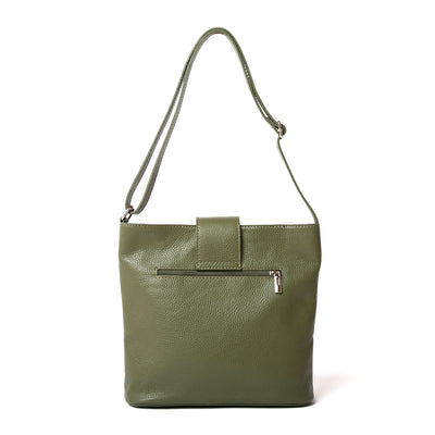 Pimlico Handbag in khaki green, shown from behind including matching leather adjustable strap and back zip pocket. Made from Italian leather.