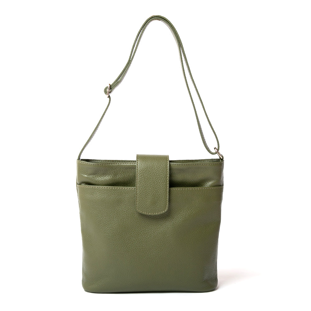 Pimlico Handbag in khaki green, shown from the front and including the adjustable leather strap, the fold over presstud fastening and the outside pocket. Made from Italian leather.