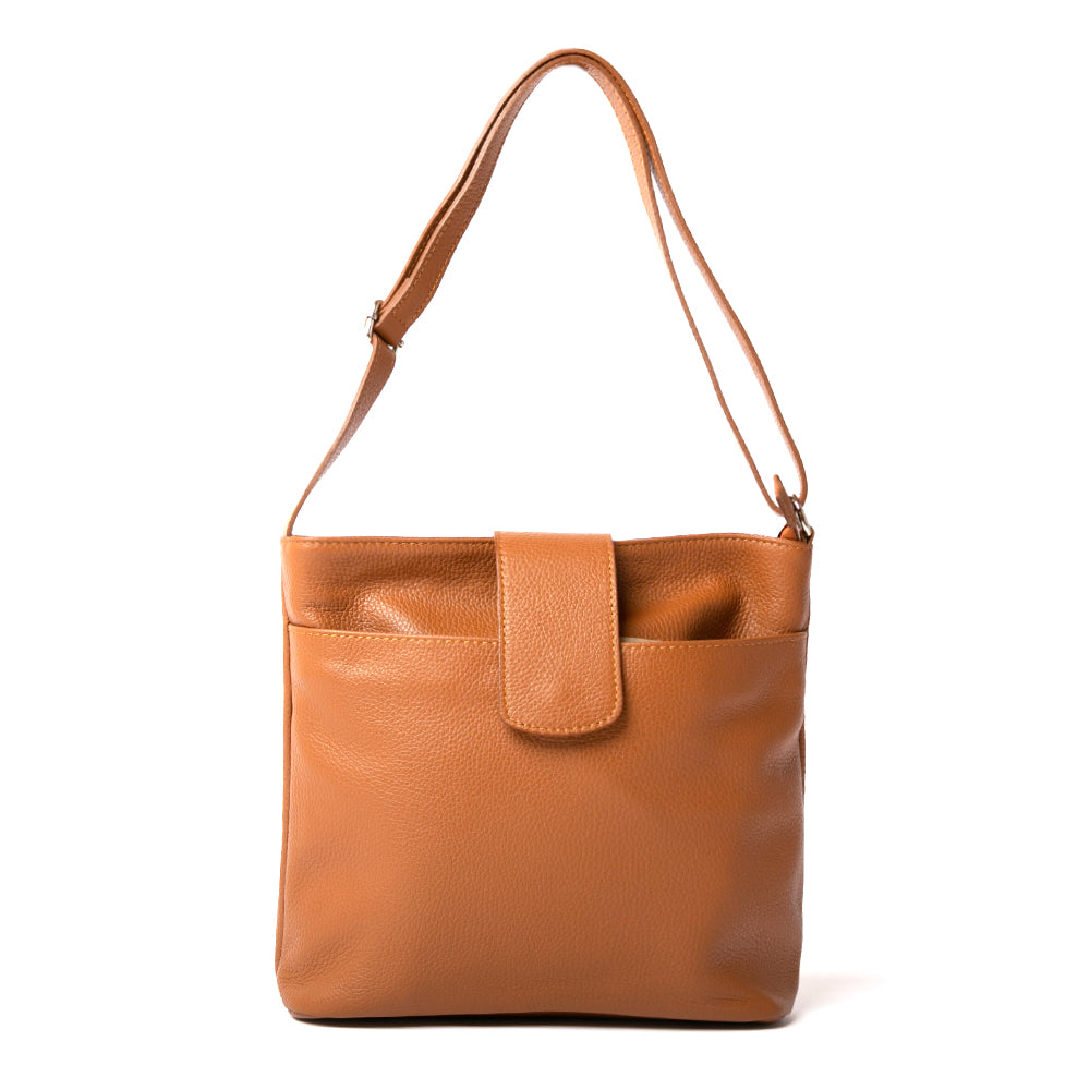 Pimlico Handbag in brown tan colour, shown from the front and including the adjustable leather strap, the fold over presstud fastening and the outside pocket. Made from Italian leather.