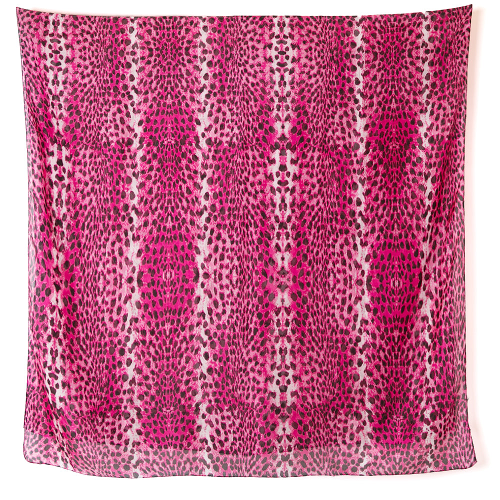 Women's Pure Silk Rectangle Scarf in Pink Leopard Print Up Close Detail