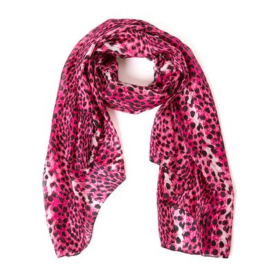 Women's Pure Silk Rectangle Scarf in Pink Leopard Print Up Close