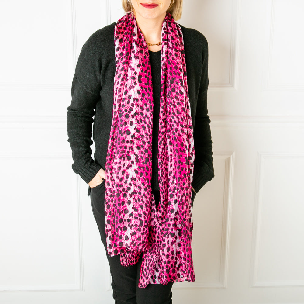 Women's Pure Silk Rectangle Scarf in Pink Leopard Print Up Close. Perfect accessory for any occasion.
