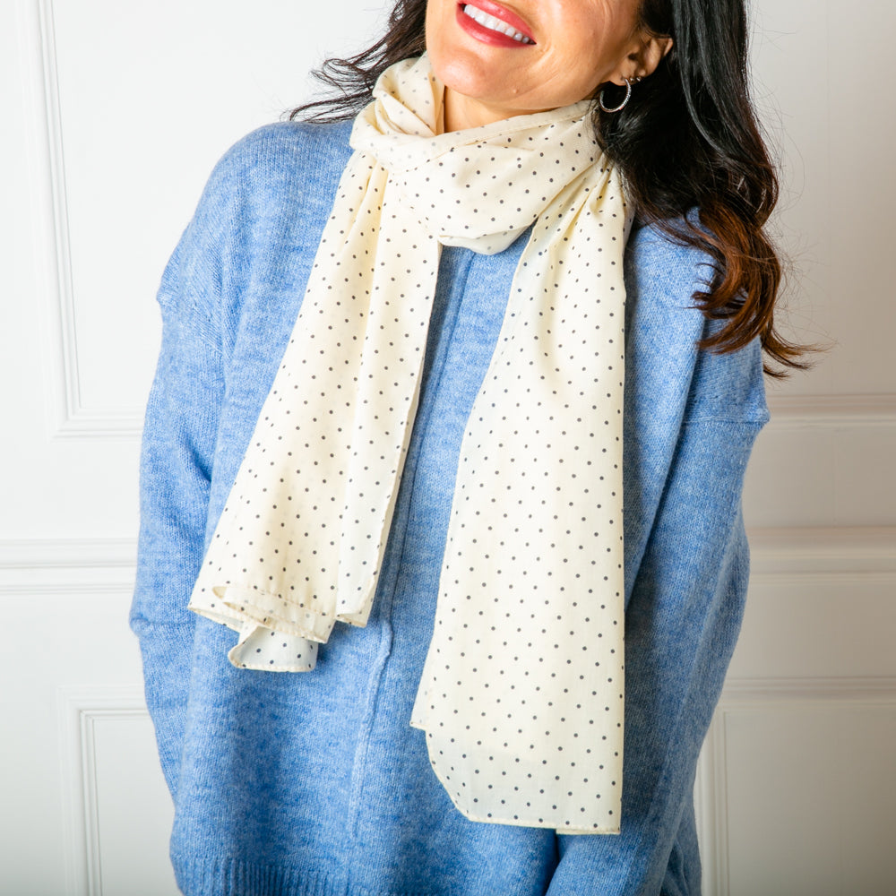 The Polka Dot Scarf in cream made from one hundred percent cotton