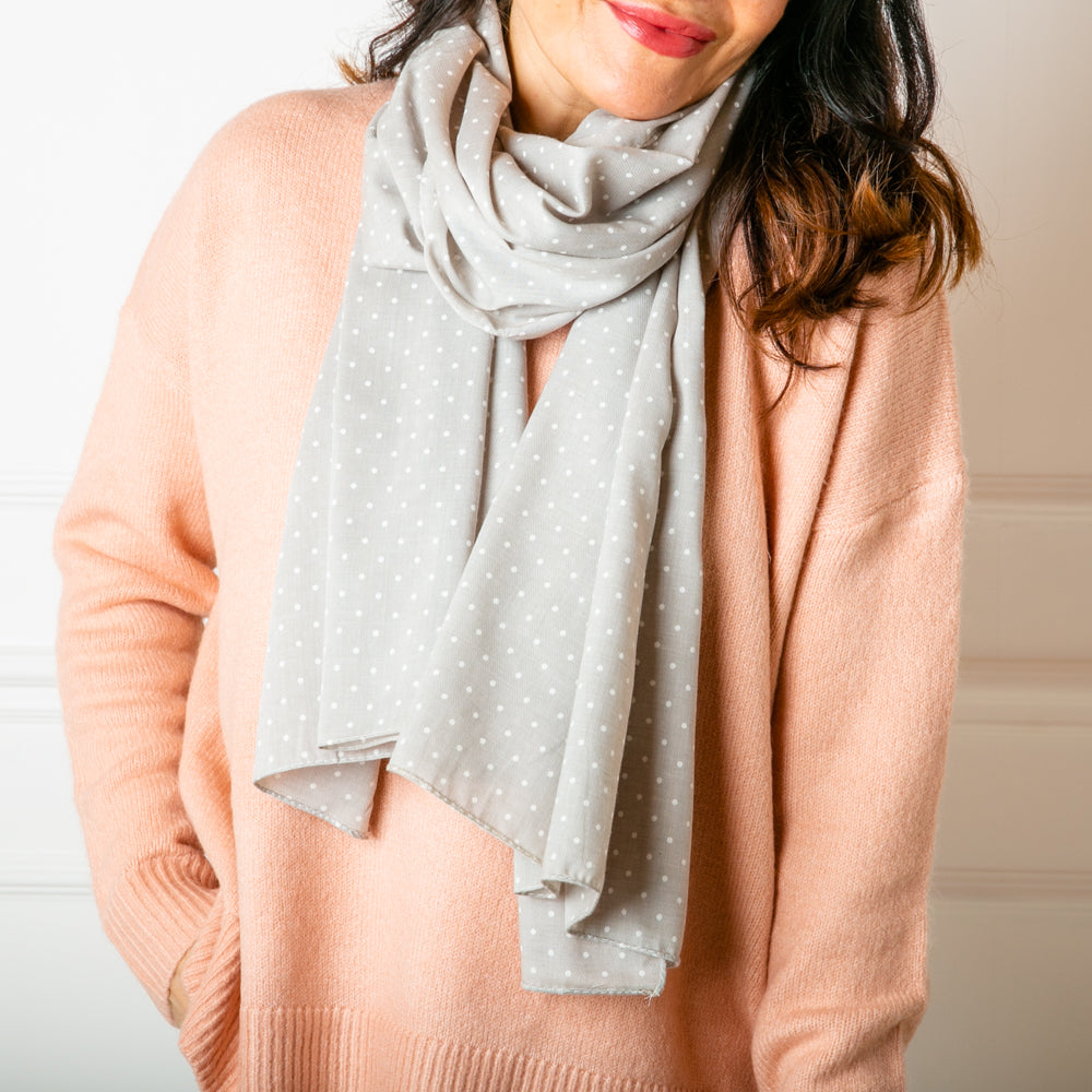 The Polka Dot Scarf in silver grey made from one hundred percent cotton