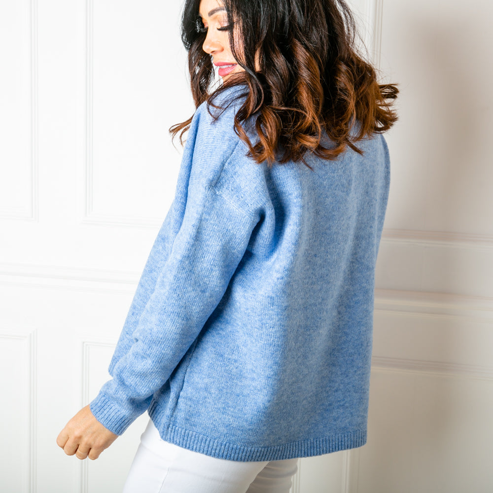 Relaxed Fit Seam Jumper in denim blue with a seam detailing down the front, made from an acrylic blend knit
