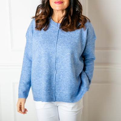 Relaxed Fit Seam Jumper in denim blue with long sleeves and a round crew neckline