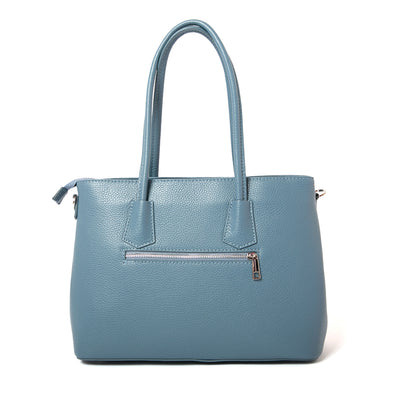 The Denim Blue Richmond Leather Handbag with the zipped main compartment and back zipped pocket