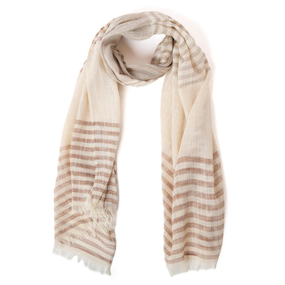 The Sandy Scarf in fudge brown and cream, made from a lightweight material, perfect for summer
