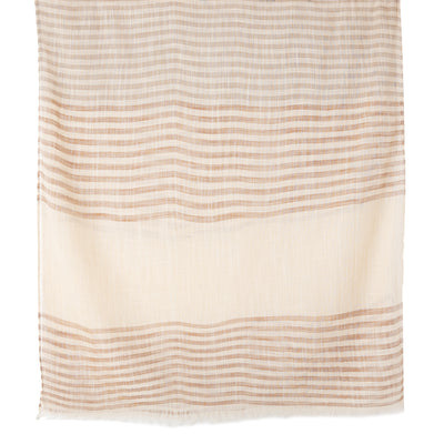 The Sandy Scarf in fudge brown featuring a striped pattern of different sizes and widths