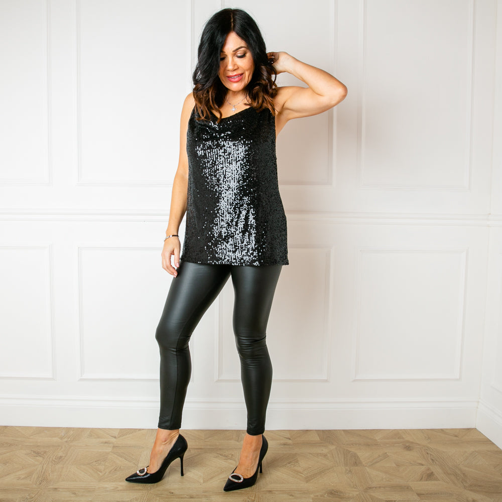Women's Sleeveless Strappy Sequin Camisole in Black With A Cowl Neck, Sparkly Tops Perfect For Partywear