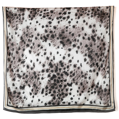 Women's Pure Silk Scarf Rectangle in a Silver Grey Leopard Print, Up Close Detail View