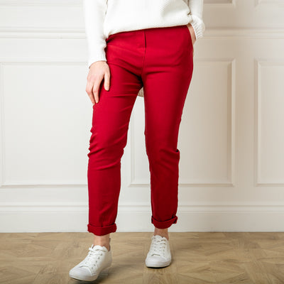 Slim fit stretch trousers in dark red, women's trousers, super comfy and super soft. Slim fitting