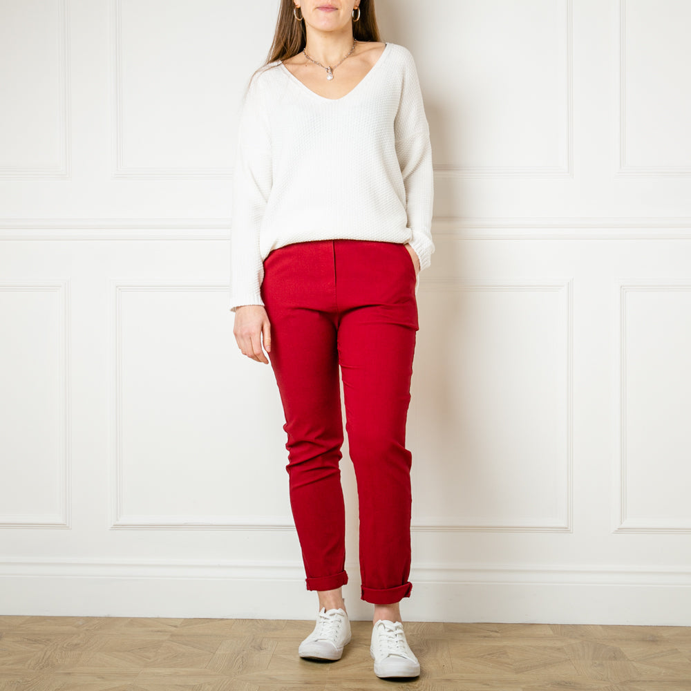 Slim fit stretch trousers in Dark red with side pockets and a drawstring waist detail