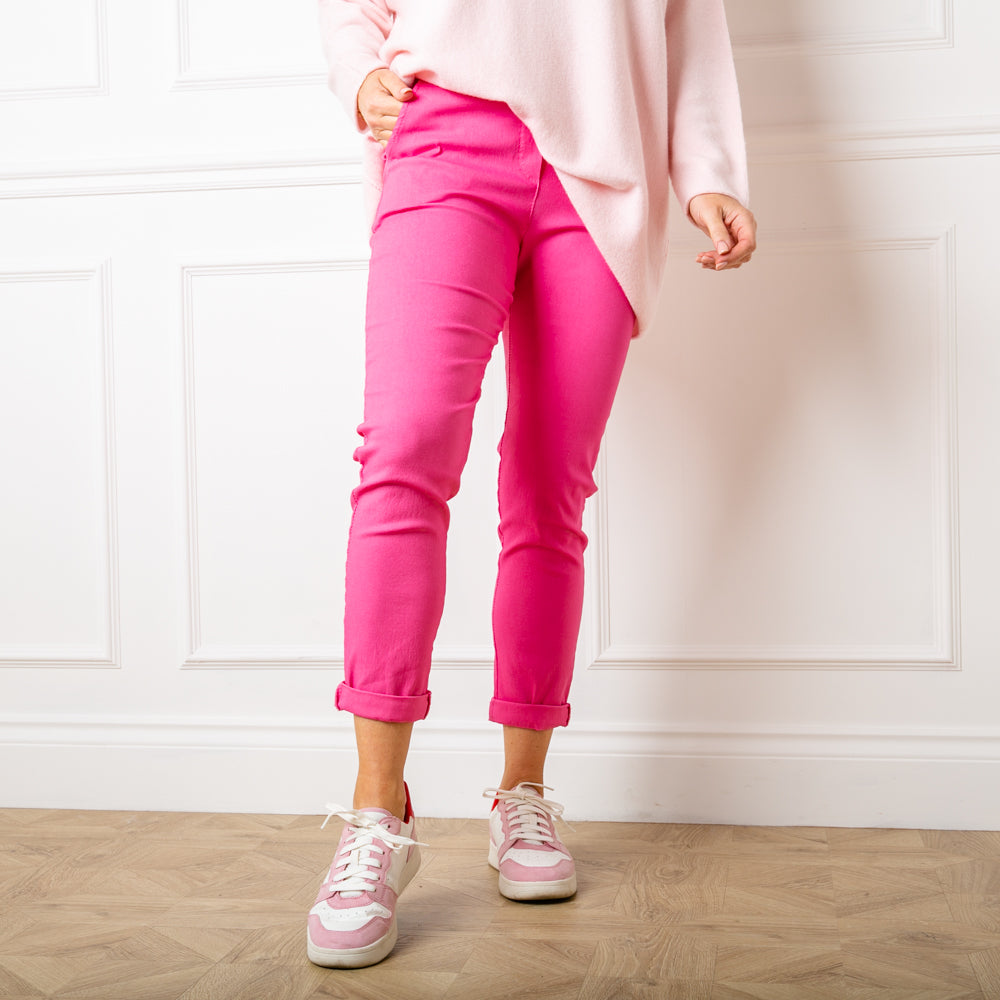 Women's slim fit trousers in fuchsia pink, super comfortable and flattering