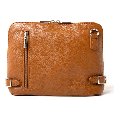 Sloane Tan leather Handbag, including an adjustable leather strap, three side zip fastening, buckle detail and the outside pocket. Shown from the reverse.