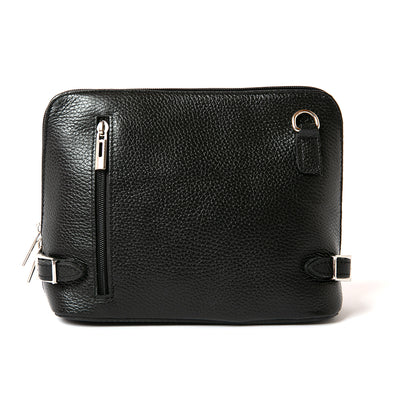 Black Italian leather Sloane Handbag, including the adjustable leather strap, three side zip fastening, buckle detail and the outside pocket. Shown from the front.