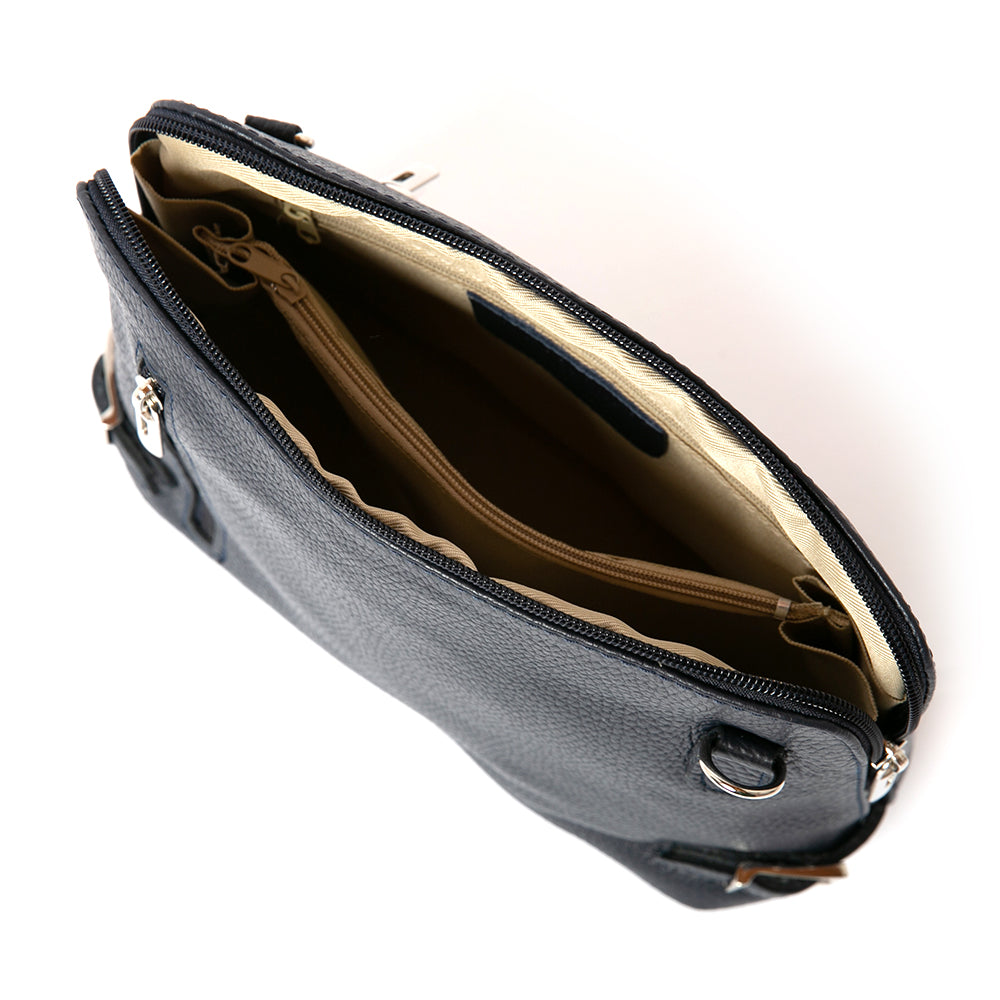 Navy leather Sloane bag, including adjustable strap, buckle detail and the outside pocket. Open zip inside shot