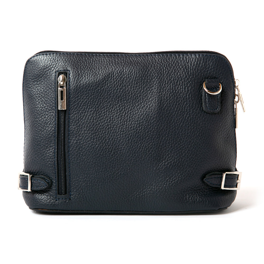 Navy Italian leather Sloane Handbag, with a adjustable leather strap, three side zip, buckle detail and the outside pocket. Shown from the front.