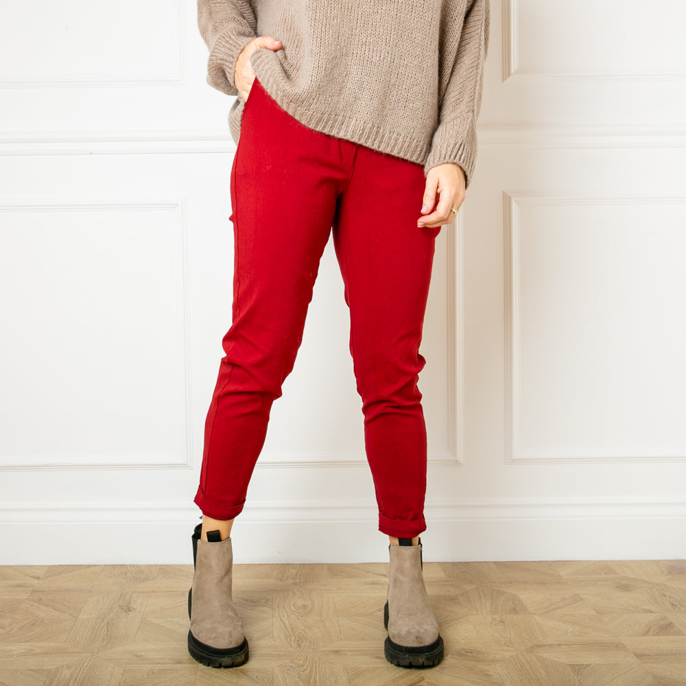 Stretch trousers in Red, elasticated women's trousers, pockets either side with cuffed ankles