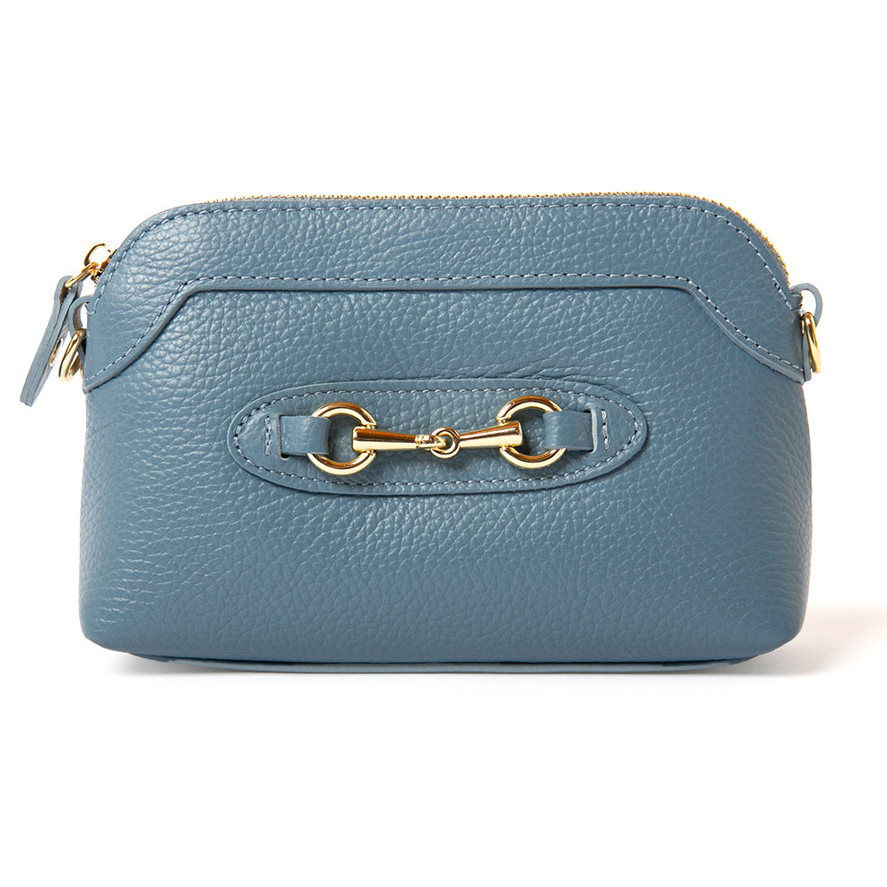 The Sydney Leather Handbag in denim blue with gold metal chain detailing on the front and a leather zip