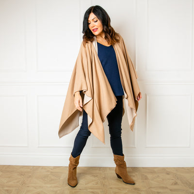Tess Wrap in Cream and Beige, Women's two tone wrap, reversible, super soft viscose blend, hangs beautifully, flattering finish to your outfit