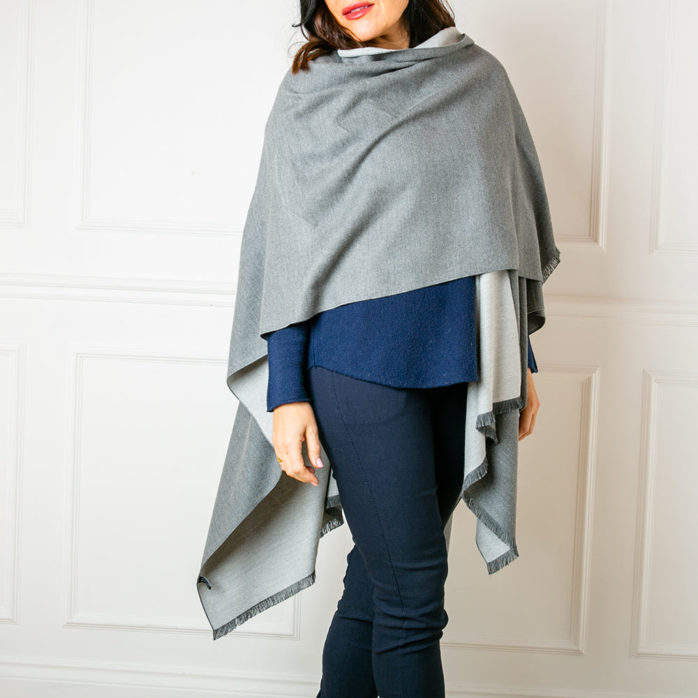 Tess Wrap in Silver grey and Light grey , Women's two tone wrap, reversible, super soft viscose blend.