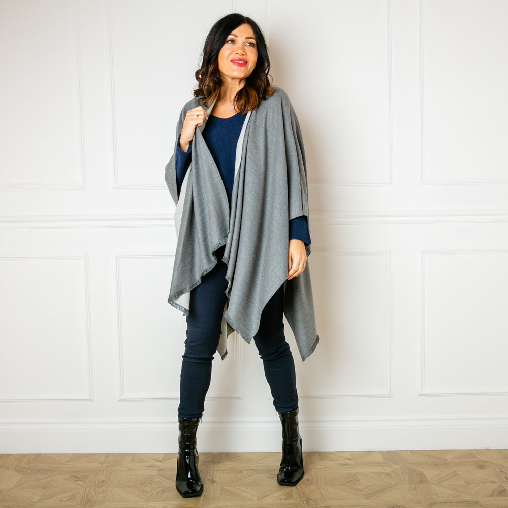 Tess Wrap in Silver grey and Light grey , Women's two tone wrap, reversible, super soft viscose blend. Perfect for layering up.