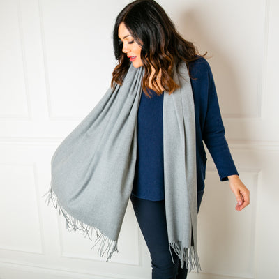 Women's Cashmere Mix Pashminas with Tassels in Grey, Super Soft Scarf Wrap