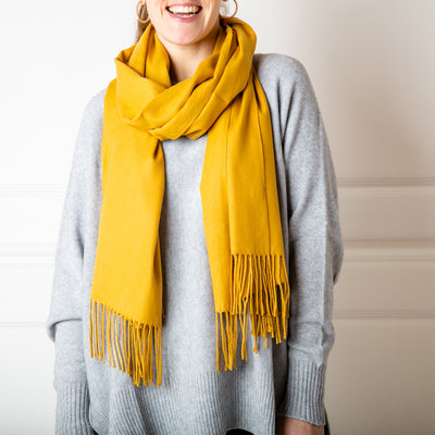 Women's Cashmere Mix Pashmina with Tassels in Mustard, Super Soft Scarf Wrap