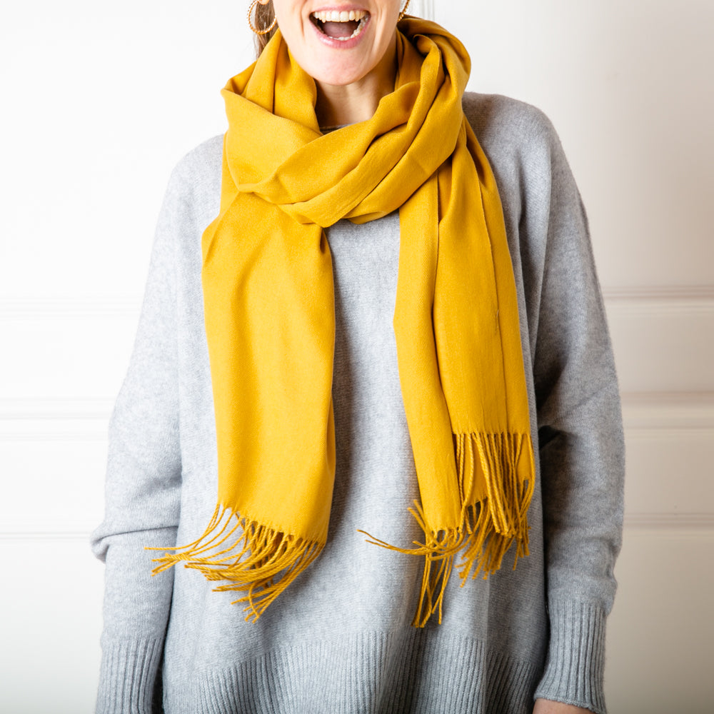 Women's Cashmere Mix Pashmina with Tassels in Mustard, Super Soft Scarf Wraps