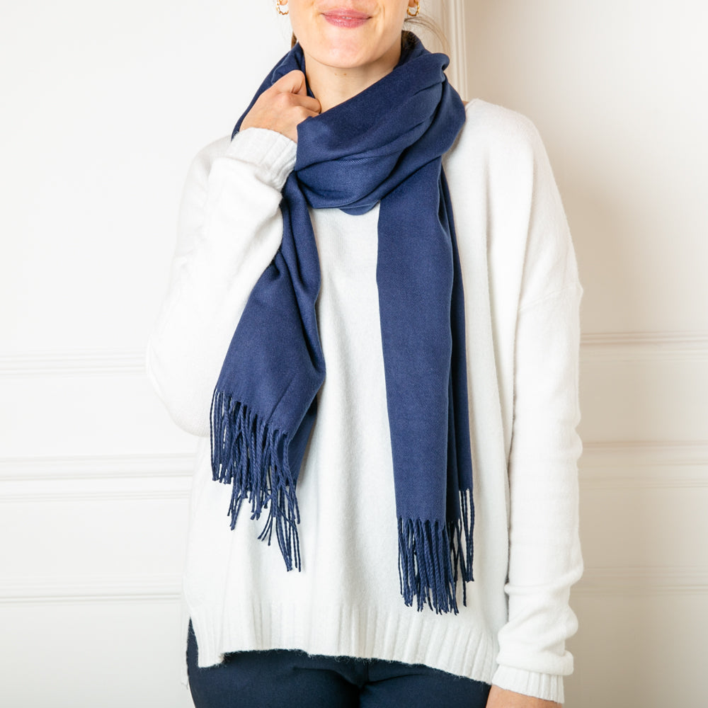 Women's Cashmere Mix Pashmina with Tassels in Navy, Super Soft Scarf Wrap