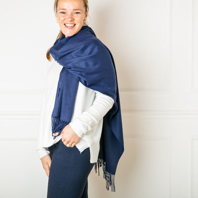 Women's Cashmere Mix Pashminas with Tassels in Navy, Super Soft Scarf Wraps Multi ways to Wear