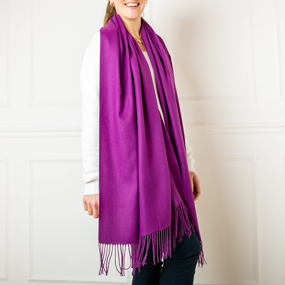 Women's Cashmere Mix Pashmina with Tassels in Purple, Super Soft Scarf Shawl Wrap Multi Ways to Wear