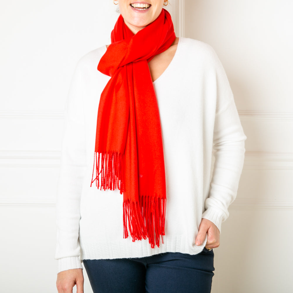 Women's Cashmere Mix Pashmina with Tassels in Scarlett Red, Super Soft Scarf Wrap