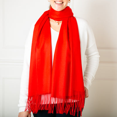 Women's Cashmere Mix Pashmina with Tassels in Scarlett Red, Super Soft Scarf Wraps