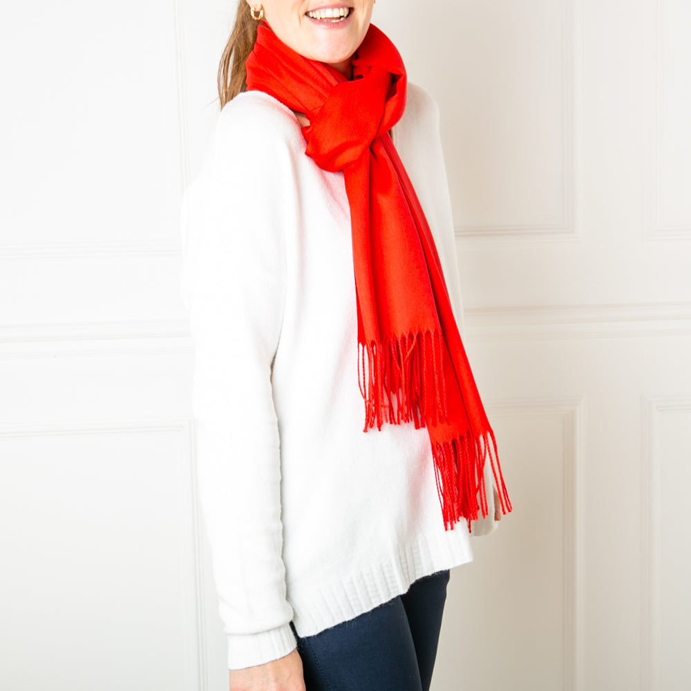 Women's Cashmere Mix Pashminas with Tassels in Scarlett Red, Super Soft Scarf Wrap
