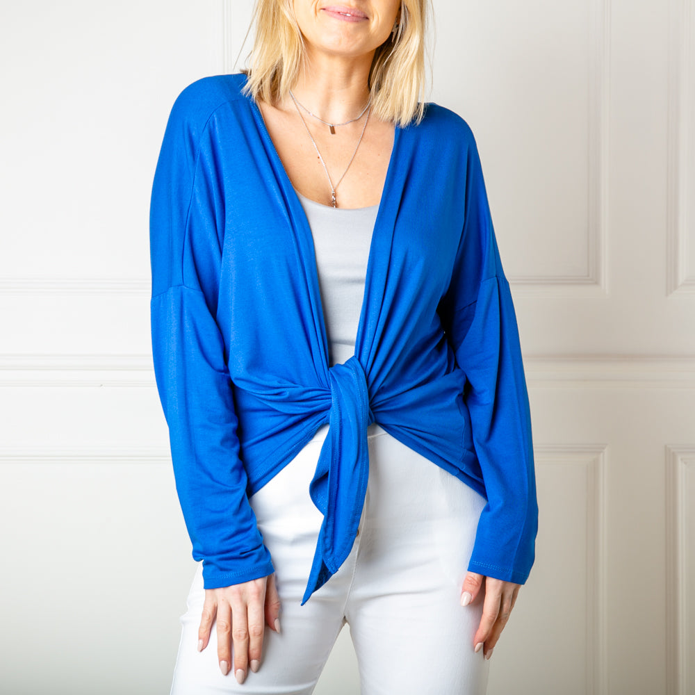Tie front Cardigan in royal blue with long sleeves and an easy to tie design 