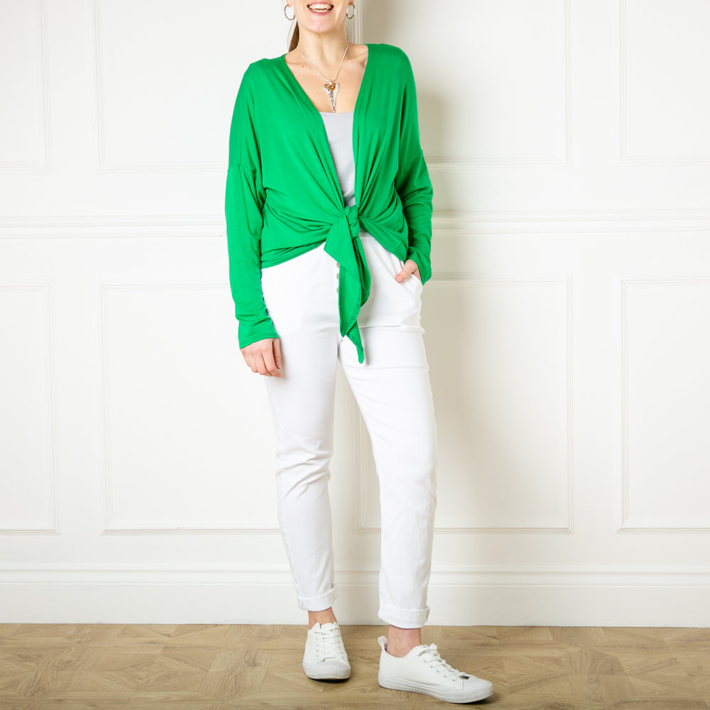 Tie front Cardigan in emerald green with long sleeves and an easy to tie design 