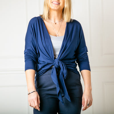 Tie front Cardigan in navy blue with long sleeves and an easy to tie design 