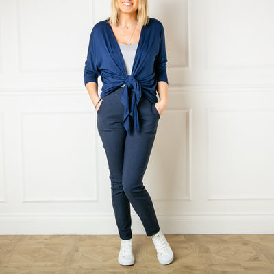 The Tie Front Cardigan in navy blue made from a super soft viscose blend material