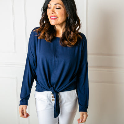 Tie Front Top in navy blue with long sleeves and a round crew neckline