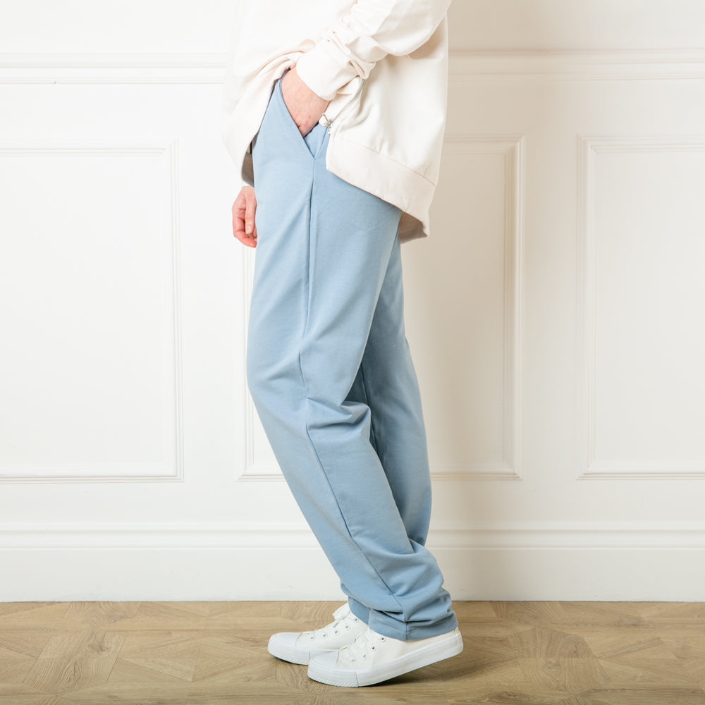 Tilley and Grace Joggers in Baby Blue made from a super cosy cotton fabric 