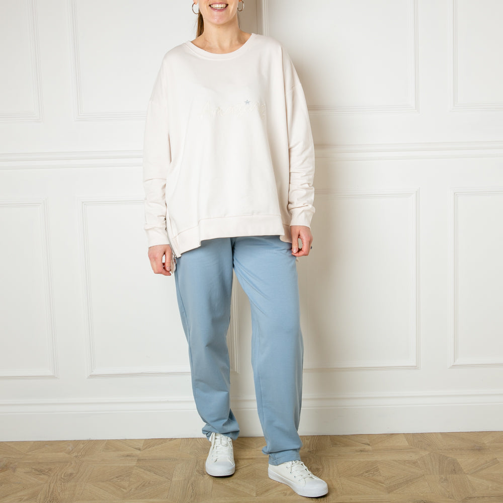 Tilley and Grace Joggers in Baby Blue with convenient side pockets