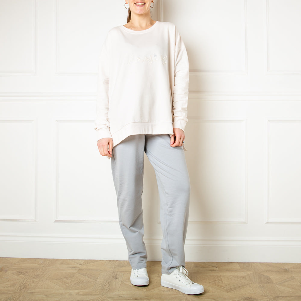 Tilley and Grace Joggers in Silver Grey made from a super cosy cotton fabric 