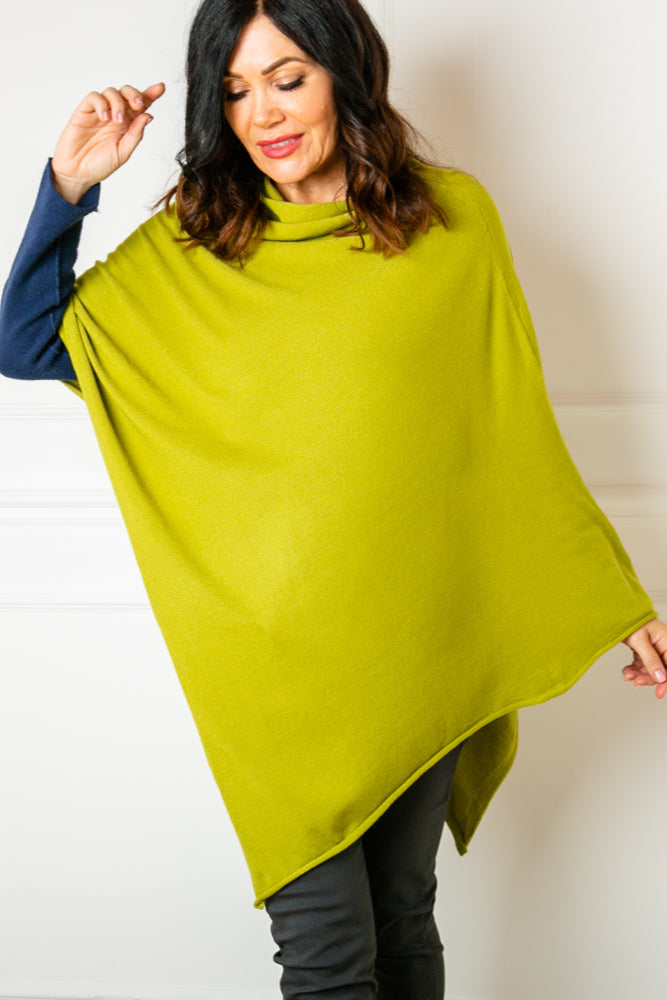 Tilley poncho in Chartreuse, super soft, high neck, waterfall shape, easy to wear, multiple ways to style