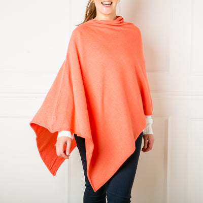 Tilley poncho in Coral, super soft, high neck, waterfall shape, easy to wear, women's outerwear, women's ponchos