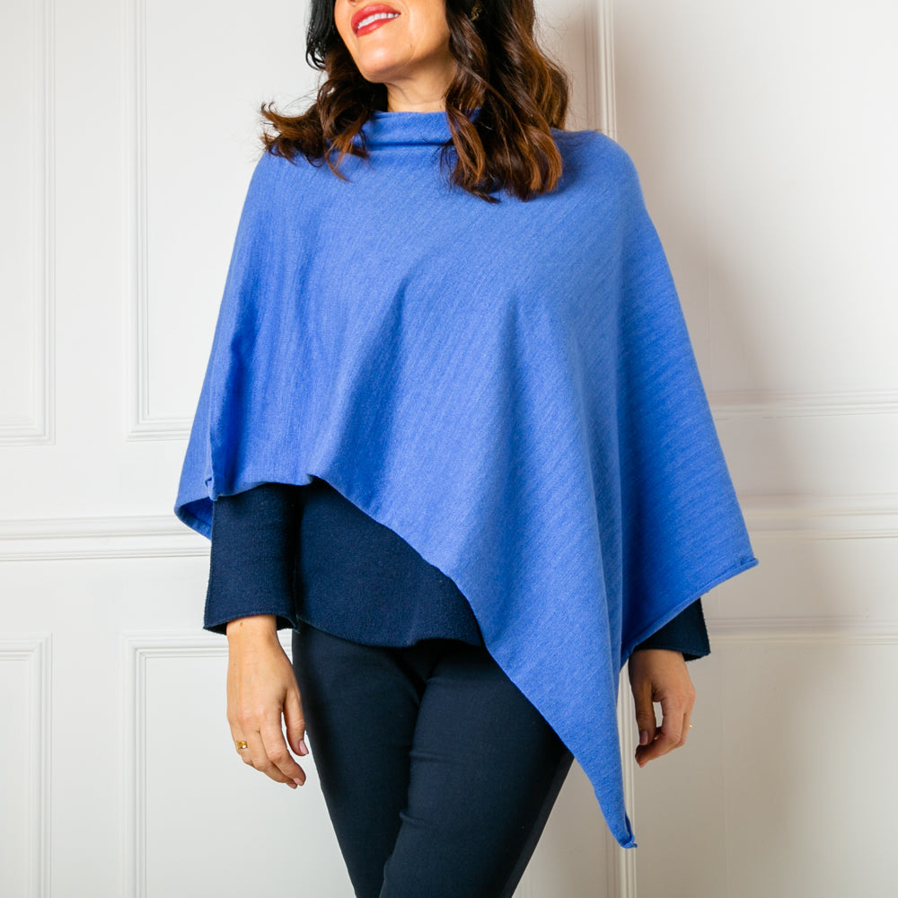 Tilley poncho in Cornflower, super soft, high neck, waterfall shape, easy to wear, multiple ways to style