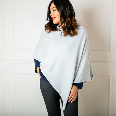 Tilley poncho in Dove grey, super soft, high neck, waterfall shape, easy to wear, soft grey, warm grey tones.